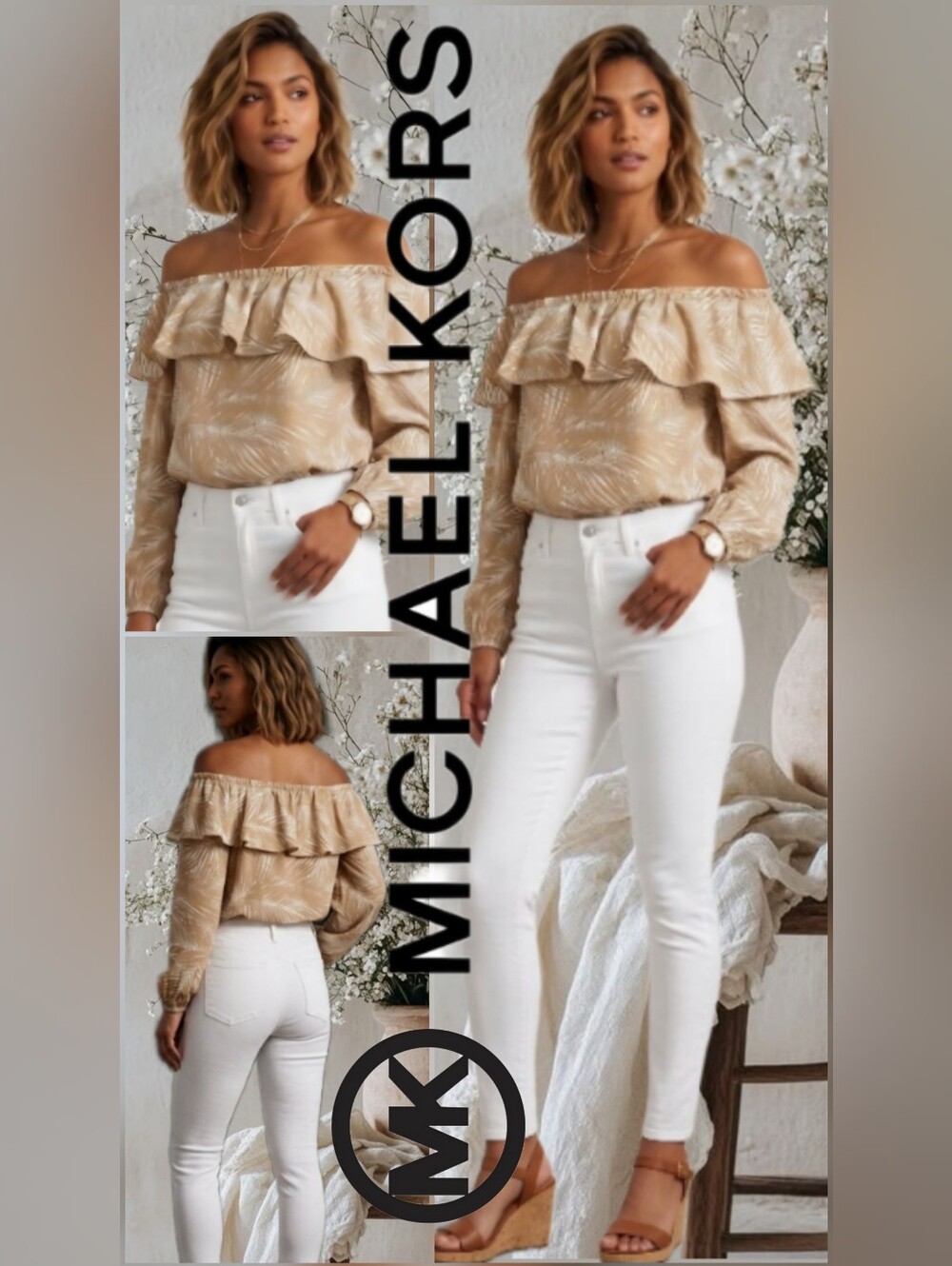 MICHAEL KORS Beige Ruffle Palm Print Off-Shoulder Top